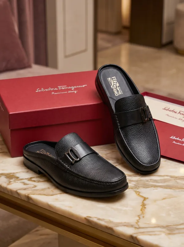 Black Textured Strap Mules